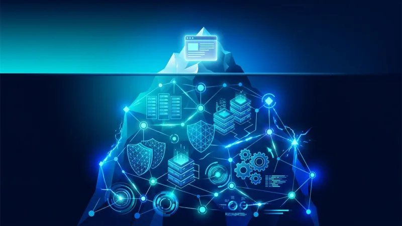 Website above an iceberg with hosting, backups, security, updates and technical support below the surface