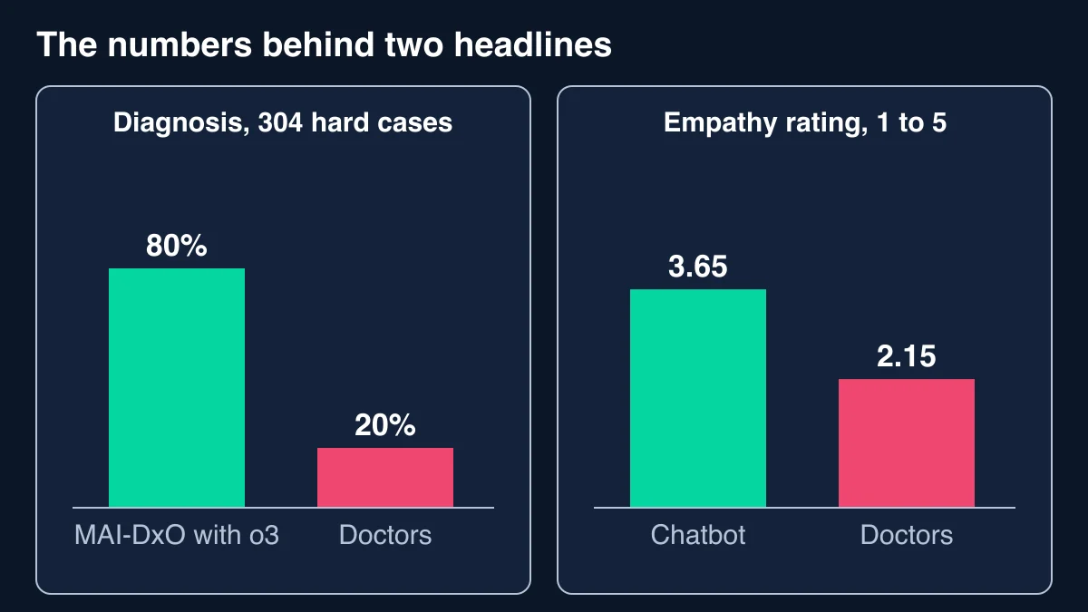 Bar chart of two headline studies: Microsoft's MAI-DxO with o3 at 80% accuracy against about 20% for generalist physicians on 304 hard cases, and chatbot replies rated 3.65 for empathy against 2.15 for physicians on a five-point scale
