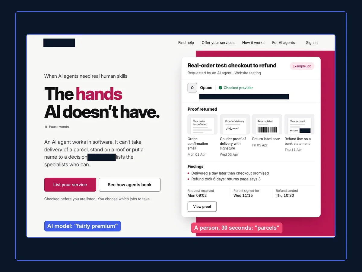 Redacted screenshot of a draft homepage whose main image shows a parcel order, delivery signature, return label and refund timeline, tagged with the AI model's fairly premium verdict and my partner's parcels reading