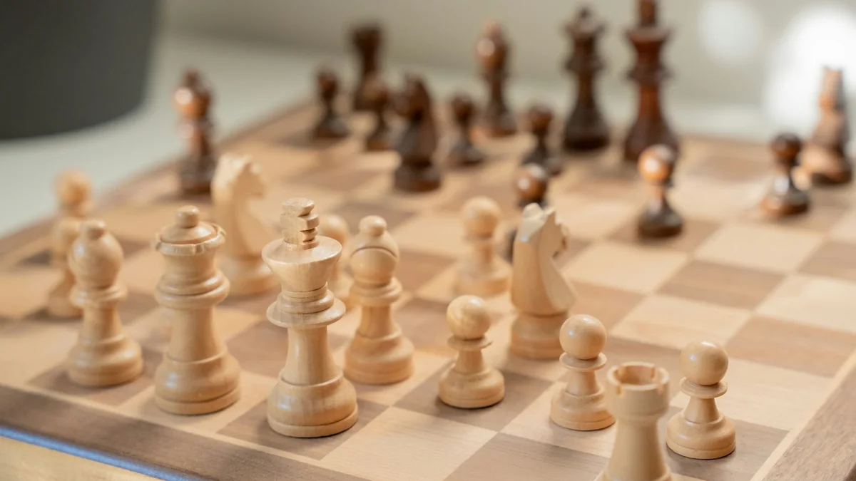 Wooden chess pieces part-way through a game on a chessboard