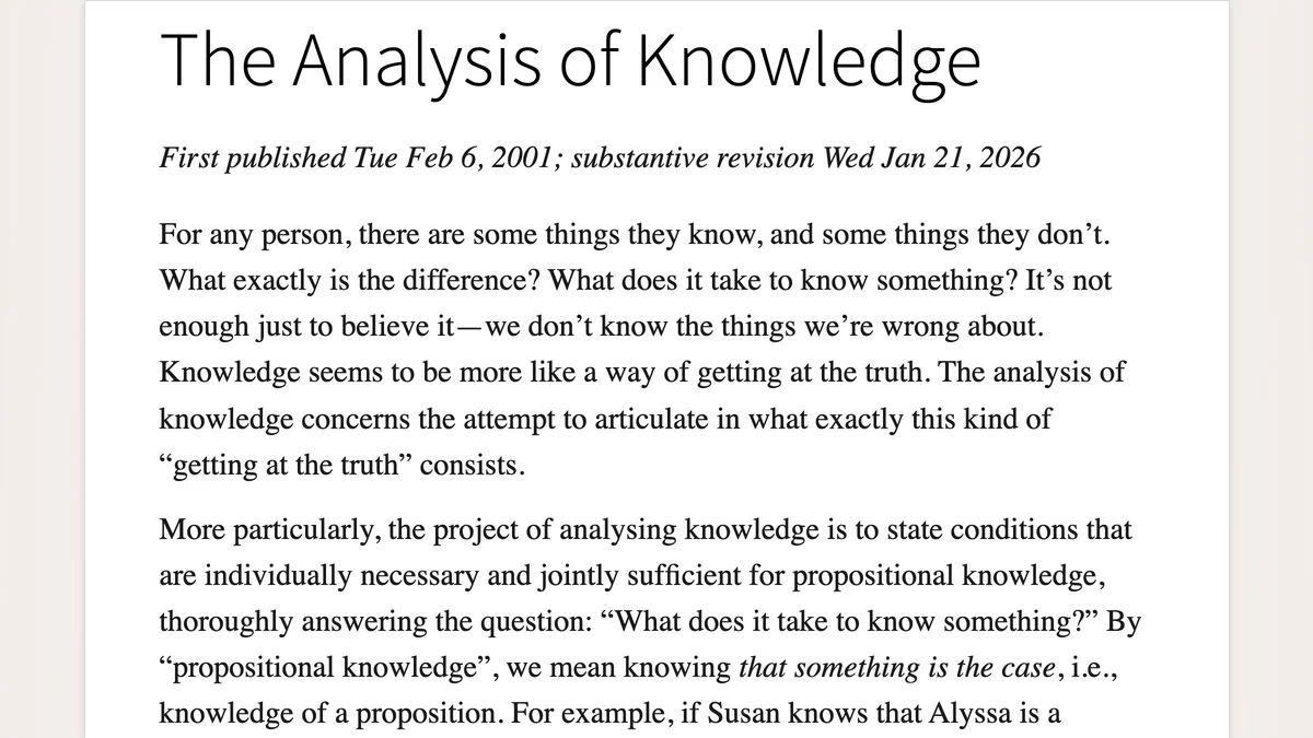 Screenshot of the Stanford Encyclopedia of Philosophy entry The Analysis of Knowledge, showing its title, revision date of 21 January 2026 and opening paragraphs