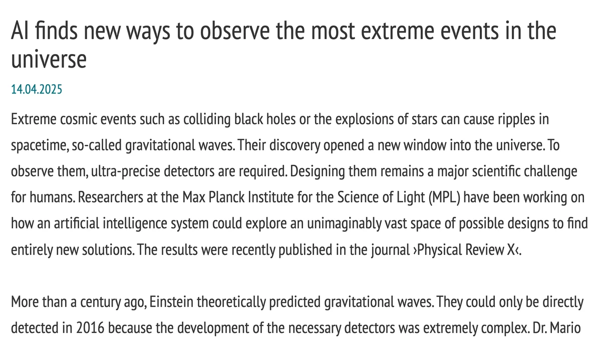 Screenshot of the Max Planck Institute for the Science of Light press release of 14 April 2025 headed AI finds new ways to observe the most extreme events in the universe