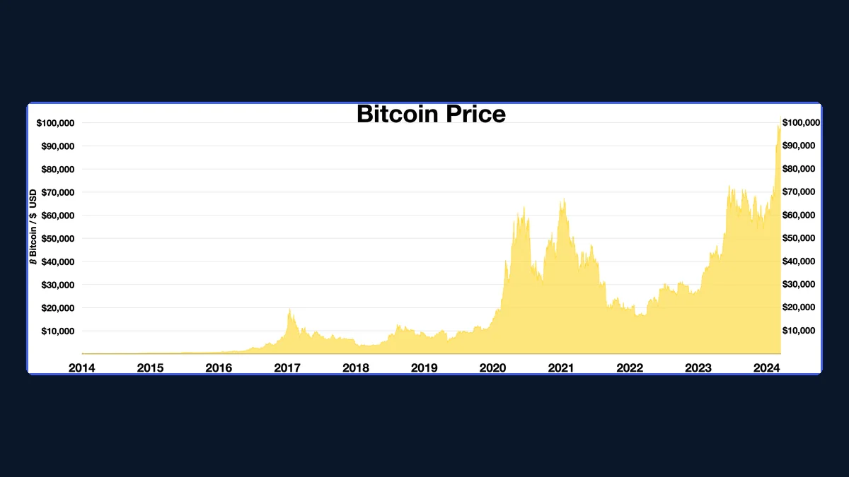 Chart of Bitcoin's price in US dollars from December 2014 to December 2024, rising from a few hundred dollars to about $100,000 with sharp crashes in between