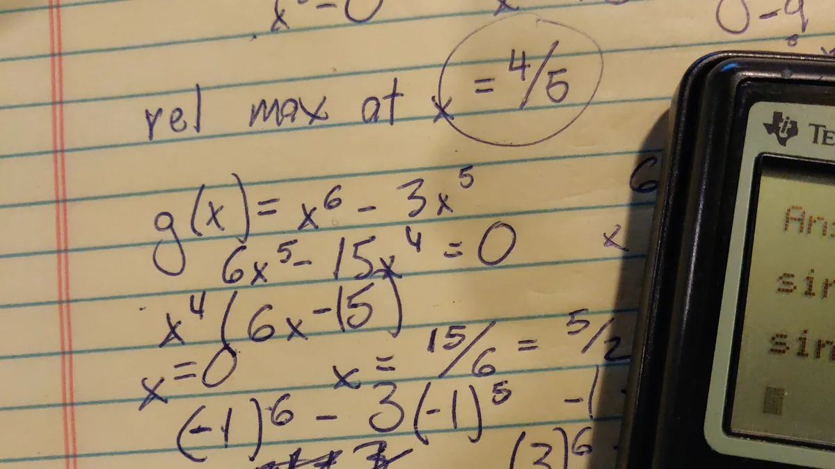 Handwritten calculus working on lined paper, finding a relative maximum at x = 4/5, beside a graphing calculator