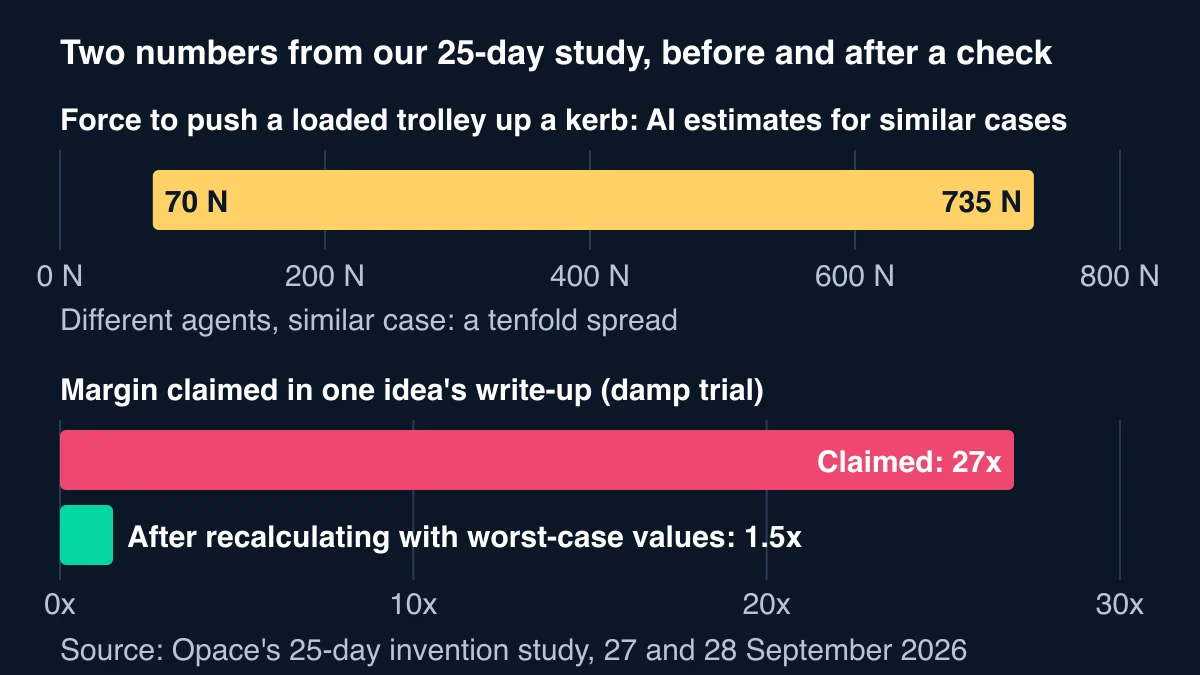 Two charts: AI estimates of the force to push a loaded trolley up a kerb ranging from 70 to 735 newtons for similar cases, and a claimed 27-fold margin cut to 1.5 times by a worst-case check