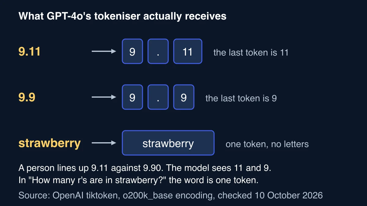 Diagram of GPT-4o tokens: 9.11 becomes 9, point, 11; 9.9 becomes 9, point, 9; and strawberry arrives as one token