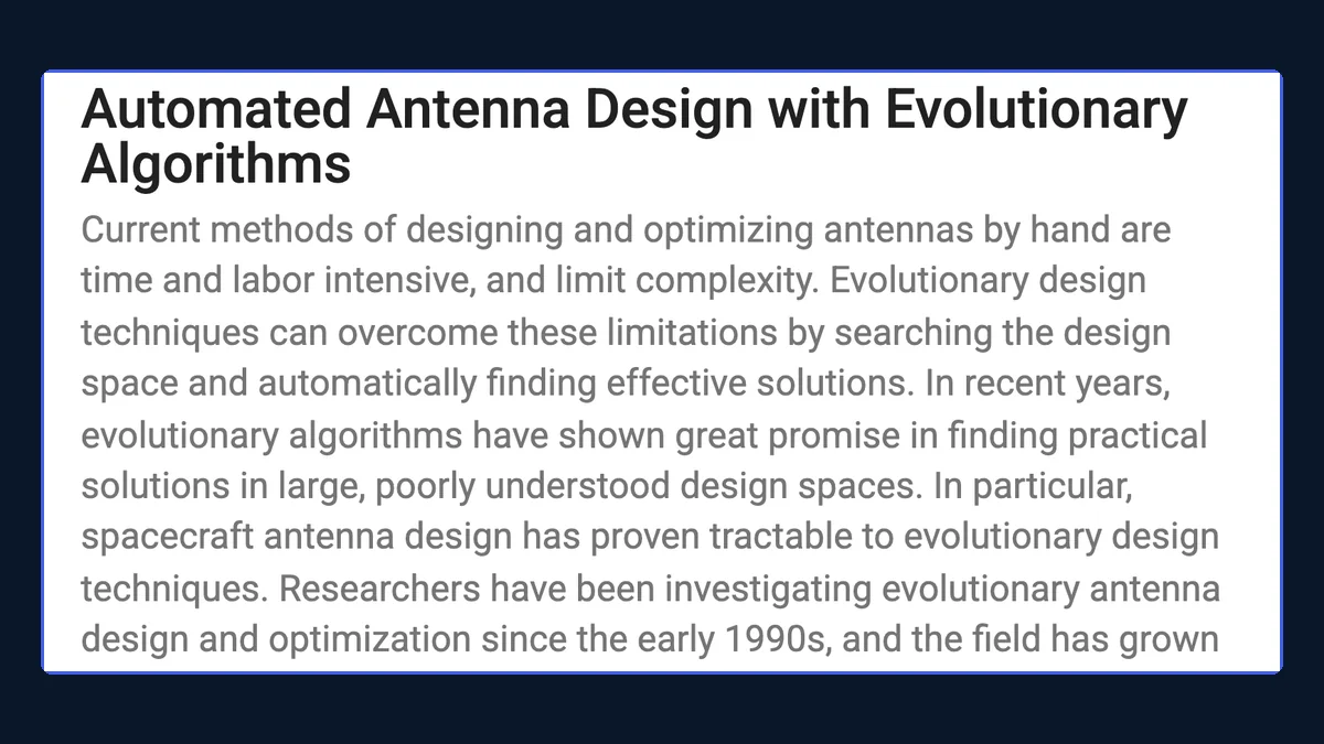 NASA Technical Reports Server record for Automated Antenna Design with Evolutionary Algorithms by Hornby, Globus, Linden and Lohn, 2006