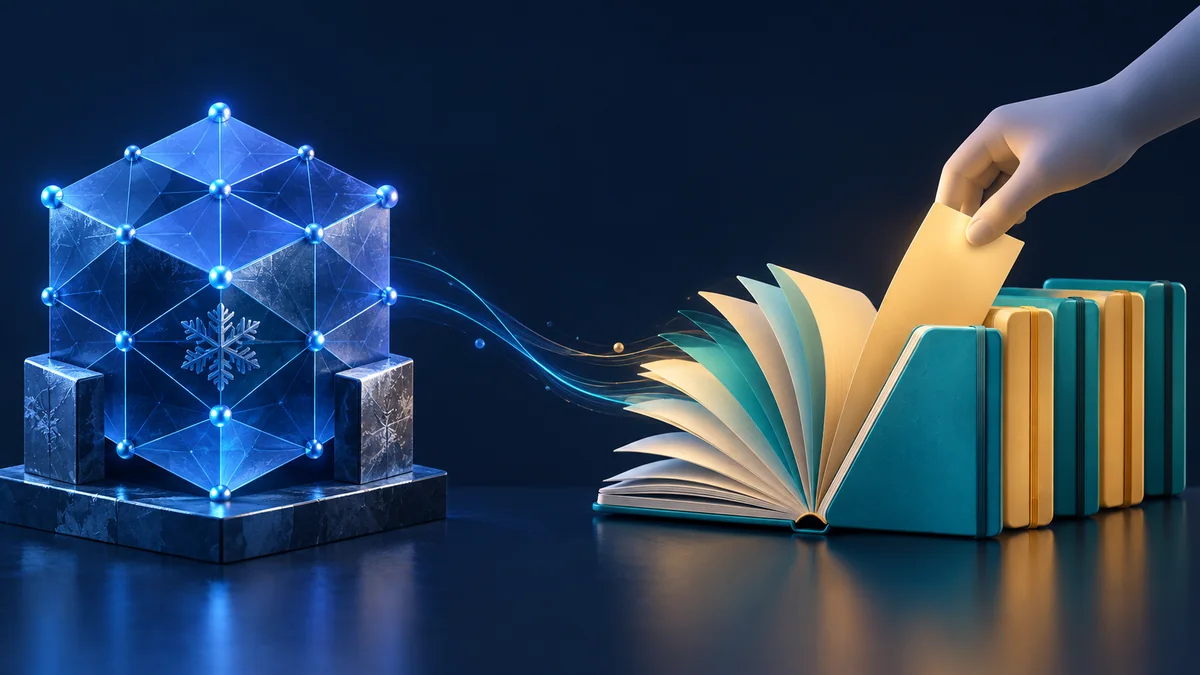 Artwork of a glowing blue crystalline cube marked with a snowflake beside an open notebook and a row of teal and yellow folders, with a hand adding a page