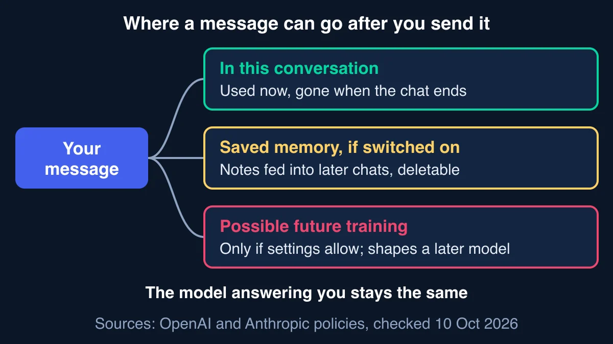 Diagram of a message branching three ways: into this conversation, used now and gone when the chat ends; into saved memory if switched on, notes fed into later chats and deletable; and into possible future training, only if settings allow, shaping a later model