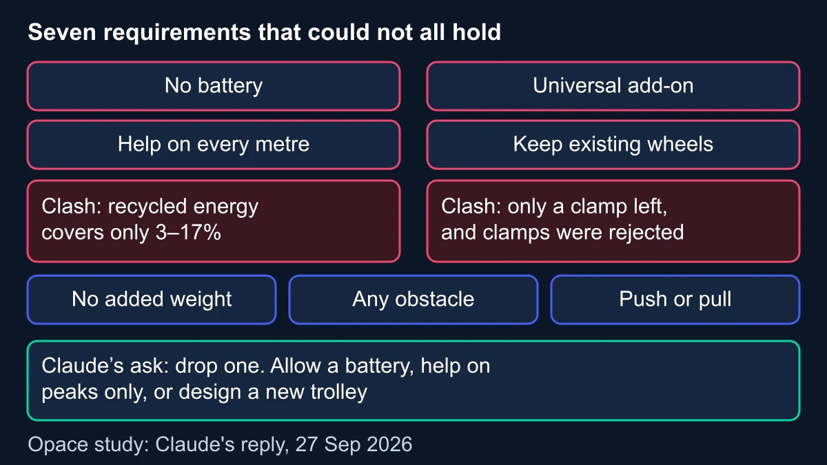 Diagram of seven trolley-assist requirements with two clashes marked, recycled energy covering only 3 to 17 per cent and only a rejected clamp left, plus Claude's request to drop one requirement