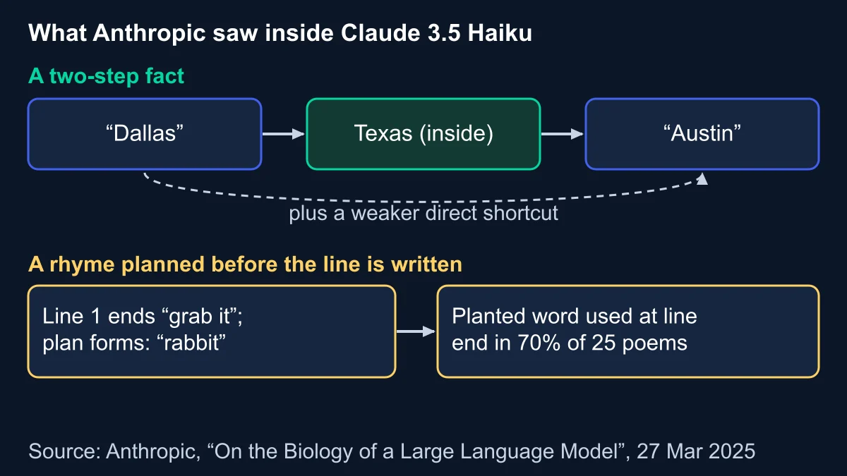 Diagram of Claude 3.5 Haiku reaching Austin from Dallas through an internal Texas step, and planning the rhyme word rabbit before writing the line