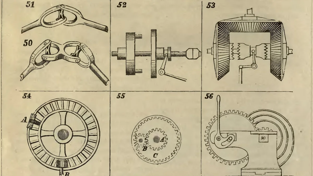 Page of engraved gear, cam and linkage drawings from Henry T. Brown's catalogue Five Hundred and Seven Mechanical Movements
