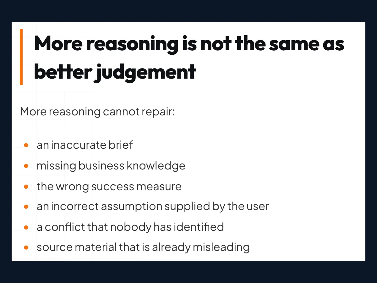 Section of an Opace article headed More reasoning is not the same as better judgement, listing six things more reasoning cannot repair