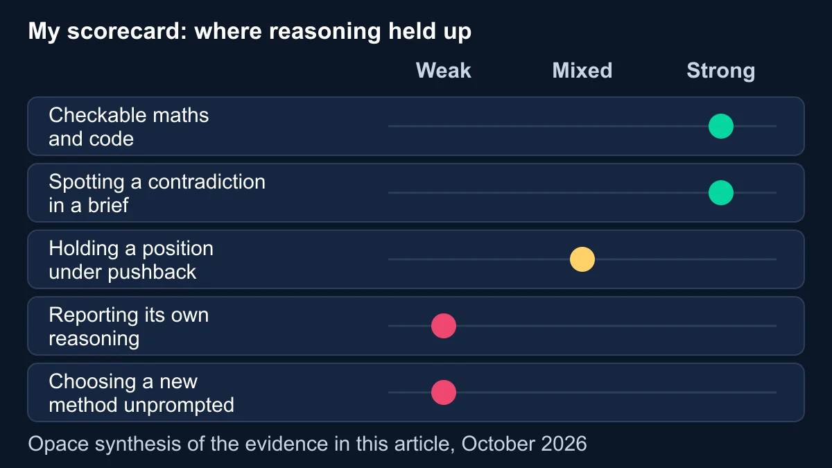 Scorecard rating AI reasoning strong on checkable maths and code and on spotting contradictions, mixed on holding a position under pushback, and weak on reporting its own reasoning and choosing a new method unprompted