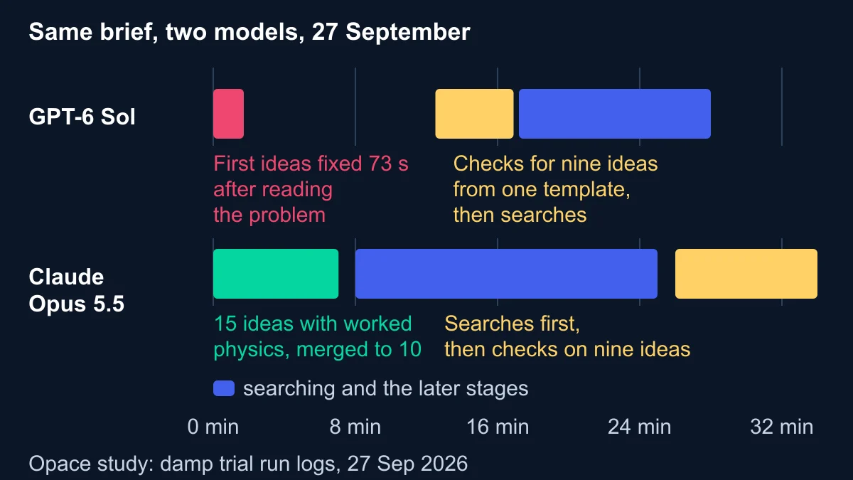 Timeline of two model runs on the same brief over about 34 minutes, showing the GPT-6 Sol run fixing its first ideas after 73 seconds and writing nine templated checks before searching, and the Claude Opus 5.5 run working the physics on 15 ideas first