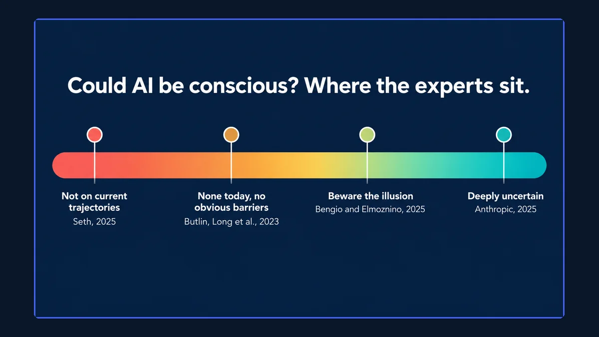 Spectrum of expert positions on whether AI could be conscious: Seth 2025 not on current trajectories; Butlin, Long et al. 2023 none today, no obvious barriers; Bengio and Elmoznino 2025 beware the illusion; Anthropic 2025 deeply uncertain
