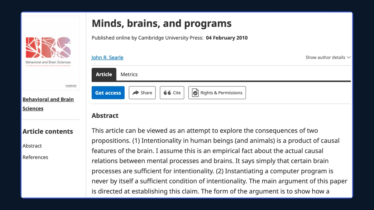 Cambridge Core page for John Searle's 1980 paper Minds, brains, and programs, showing the abstract's claim that running a program is never enough for intentionality
