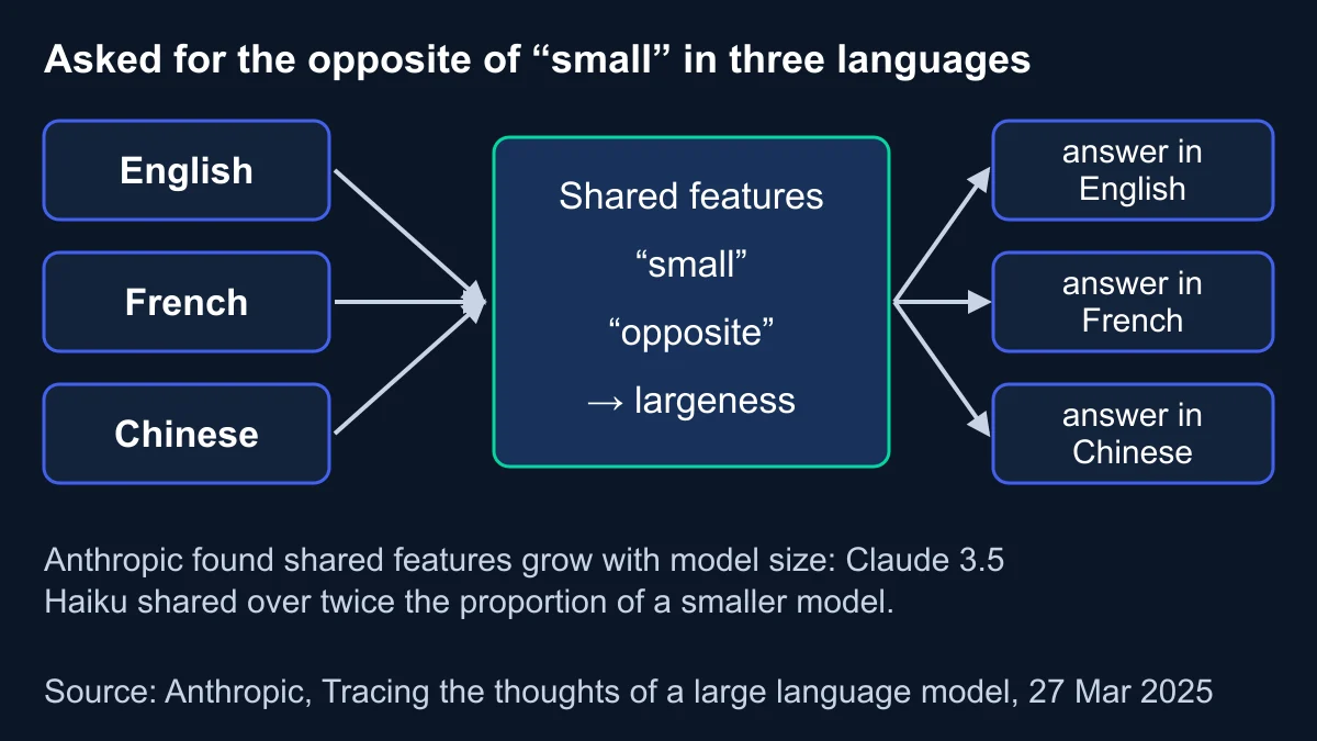 Diagram of the same question asked in English, French and Chinese flowing into shared features for small and opposite, then out into an answer in each language