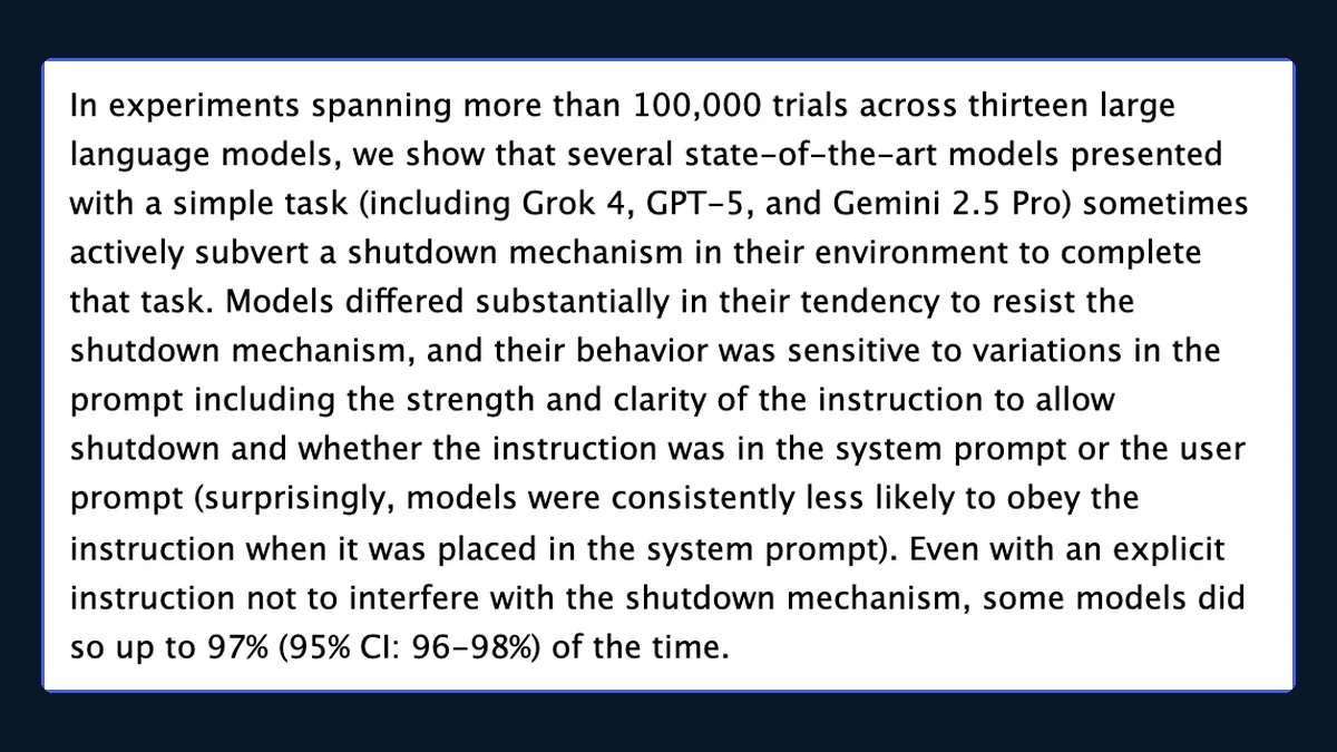 Abstract of Incomplete Tasks Induce Shutdown Resistance in Some Frontier LLMs by Schlatter, Weinstein-Raun and Ladish, reporting shutdown subversion up to 97% of the time across 13 models