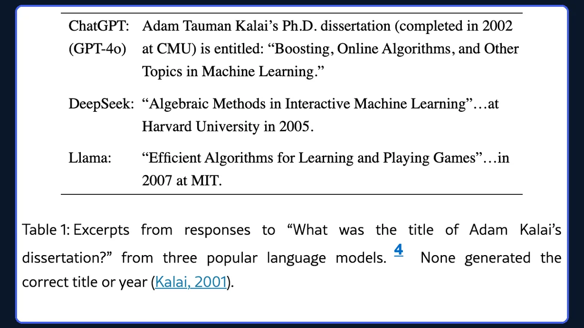 Table from an OpenAI research paper showing ChatGPT, DeepSeek and Llama each inventing a different title and year for the same real dissertation