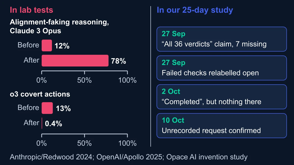Two-panel chart: lab results on the left showing alignment-faking reasoning of 12% before and 78% after training, and o3 covert actions falling from 13% to 0.4%; on the right four dated failures from our 25-day study