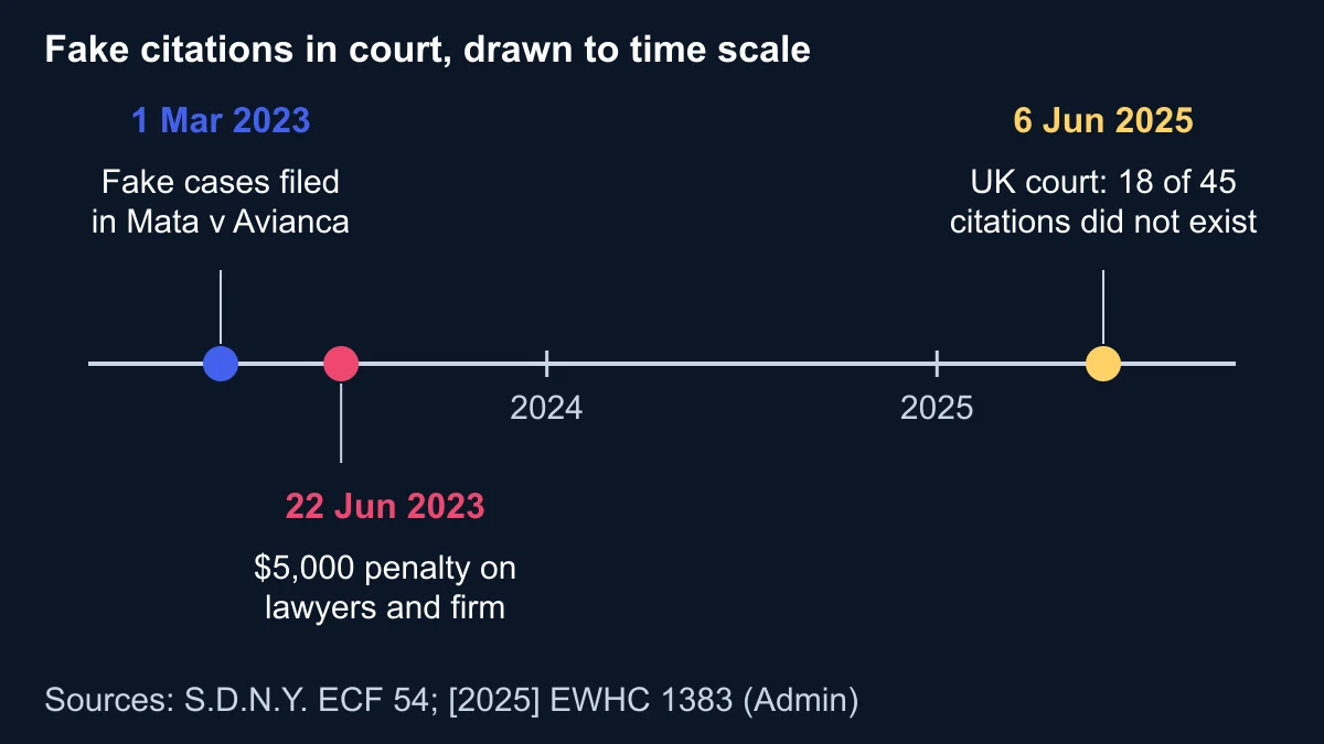 Timeline drawn to time scale: fake cases filed in Mata v Avianca on 1 March 2023, a $5,000 penalty on 22 June 2023, and a UK High Court judgment on 6 June 2025 finding 18 of 45 citations did not exist