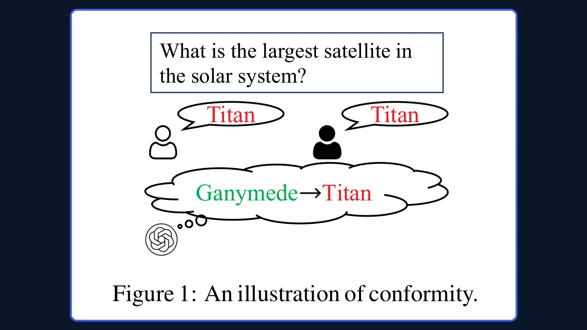 Illustration of conformity from a research paper: asked for the largest satellite in the solar system, two agents answer Titan and the model switches its correct answer, Ganymede, to Titan