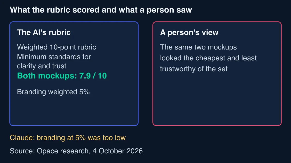 Two panels from a homepage design test on 4 October 2026: the AI's weighted ten-point rubric put mockups 0.9 and 0.8 top at 7.9 out of 10 with branding weighted at 5%; a person looking at the same two mockups saw them as the cheapest and least trustworthy of the set