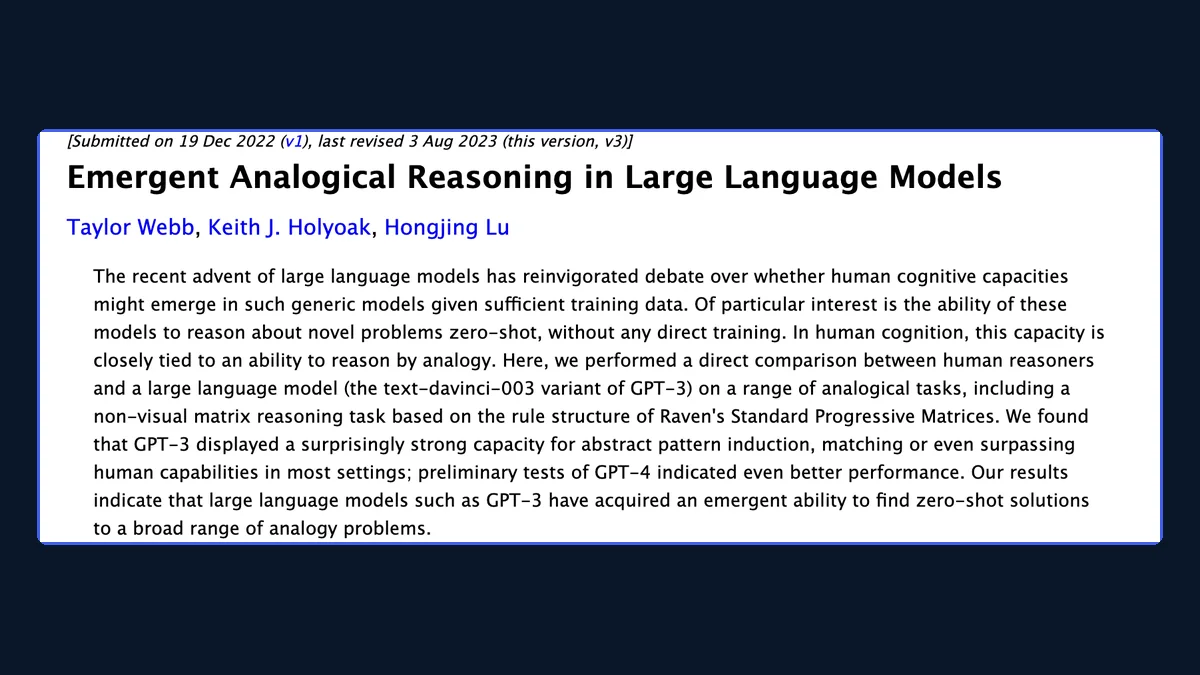 Screenshot of the arXiv abstract of Emergent Analogical Reasoning in Large Language Models by Taylor Webb, Keith Holyoak and Hongjing Lu, reporting that GPT-3 matched or surpassed humans in most settings, including a matrix task based on Raven's Standard Progressive Matrices