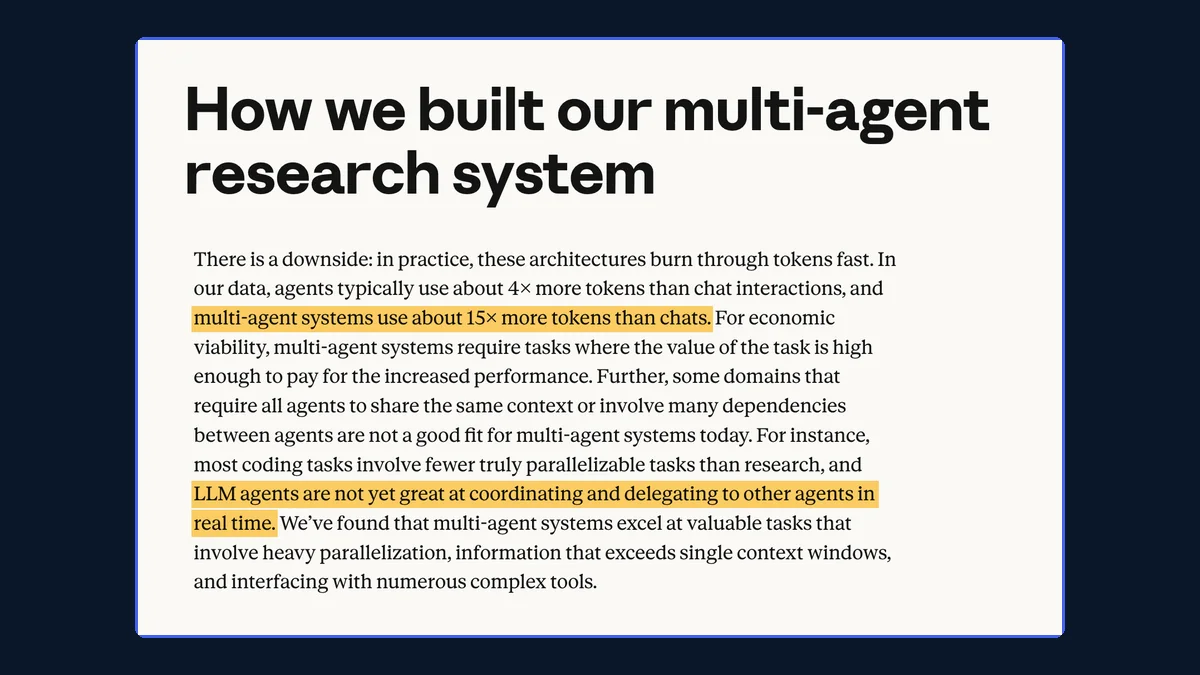 Screenshot of Anthropic's engineering post How we built our multi-agent research system, with two lines highlighted: multi-agent systems use about 15 times more tokens than chats, and LLM agents are not yet great at coordinating and delegating to other agents in real time