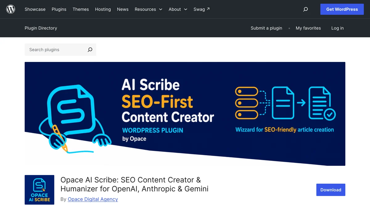 WordPress plugin directory page for Opace AI Scribe, an SEO content creator plugin by Opace Digital Agency