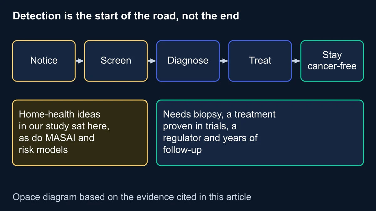 Pathway from notice to screen, diagnose, treat and stay cancer-free, showing the home-health ideas from our study, MASAI and risk models at the noticing and screening end