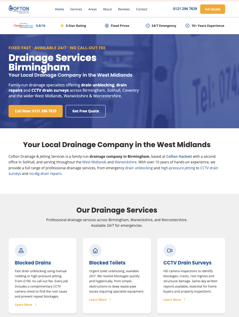 The Cofton DJS homepage after the agentic coding phase, showing professional layout, trust signals, and service area coverage