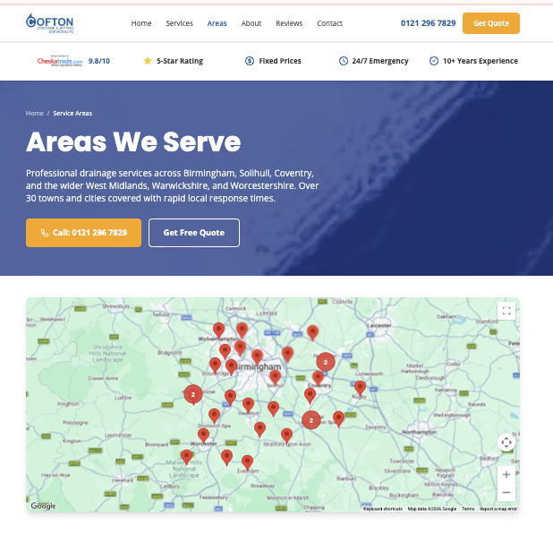 Unique local SEO content for each location page, referencing specific housing estates, soil types, and drainage challenges