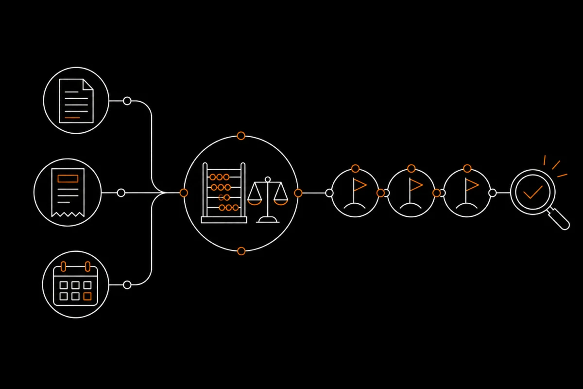 Line illustration showing published evidence feeding a transparent calculation, ownership milestones and verification