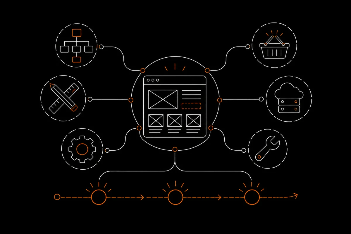 Line illustration connecting website scope, design, ecommerce, hosting, functionality and ongoing support