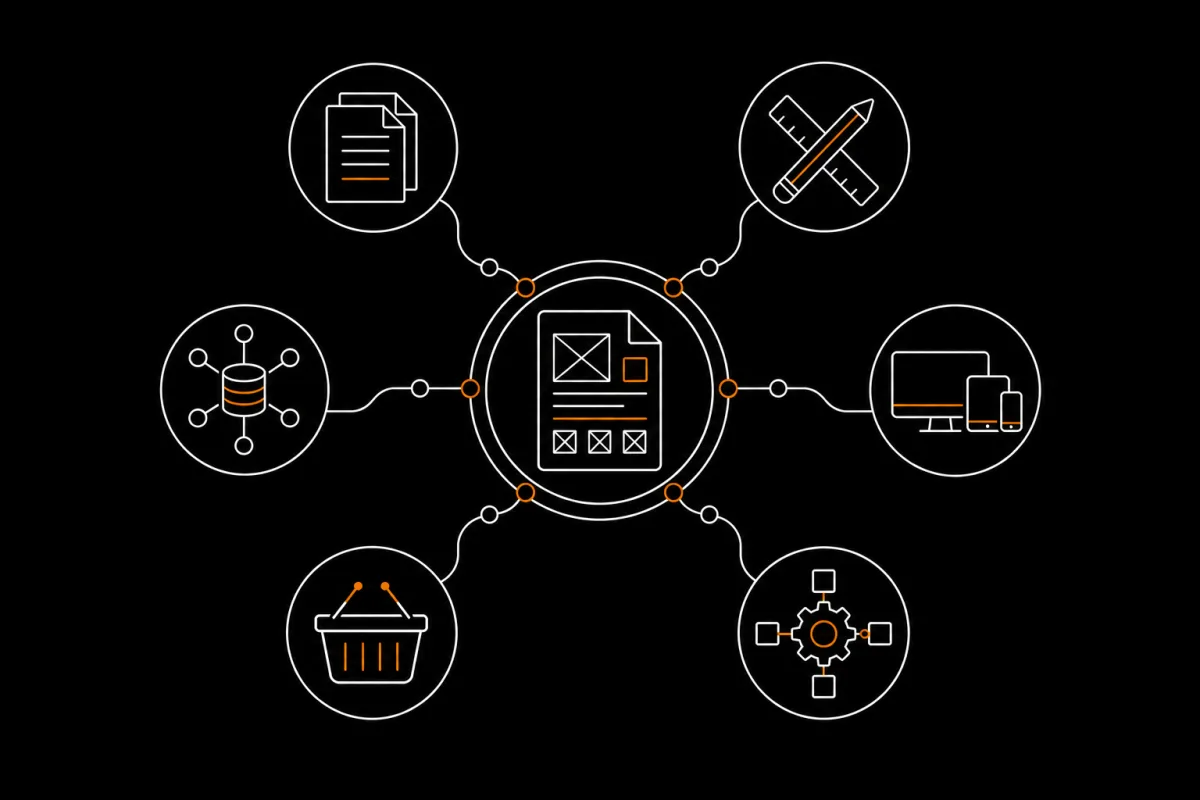 Line illustration of page count, graphic design, responsive devices, database integration, ecommerce and custom functionality affecting website design costs