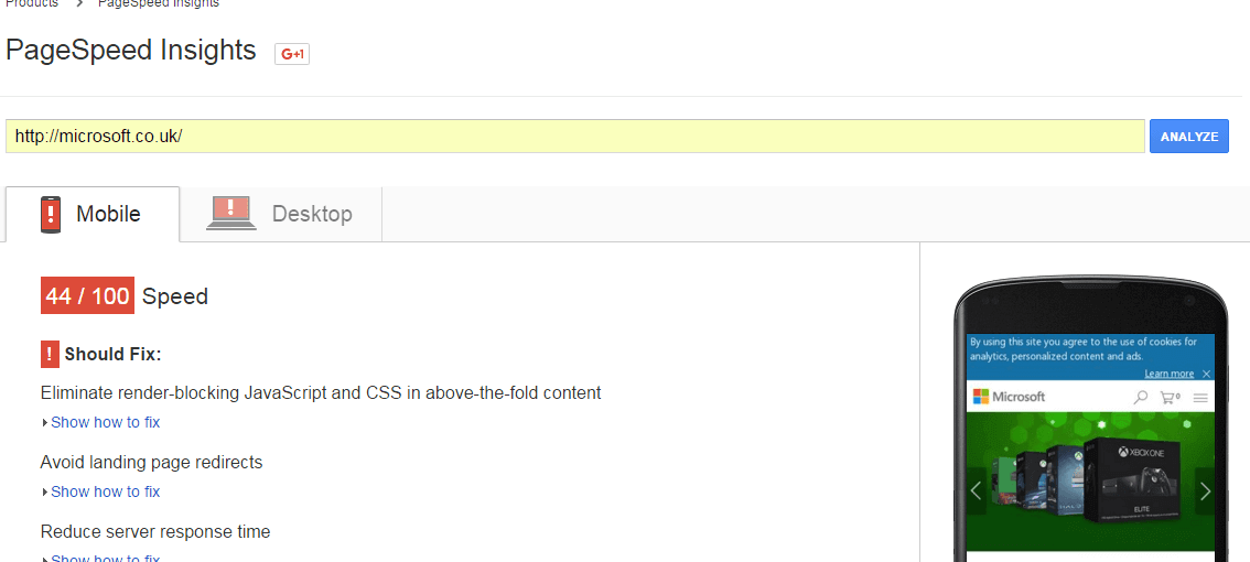 The Microsoft site review from the Google Page Speed Insights tool