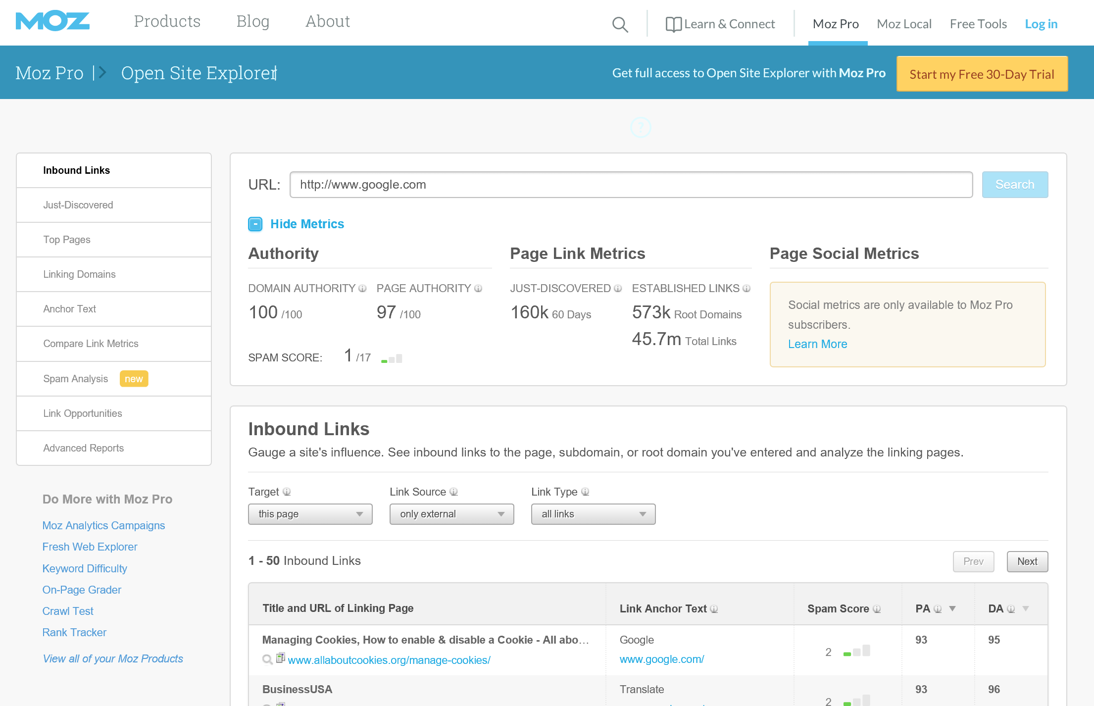 Open Site Explorer search for Google.com