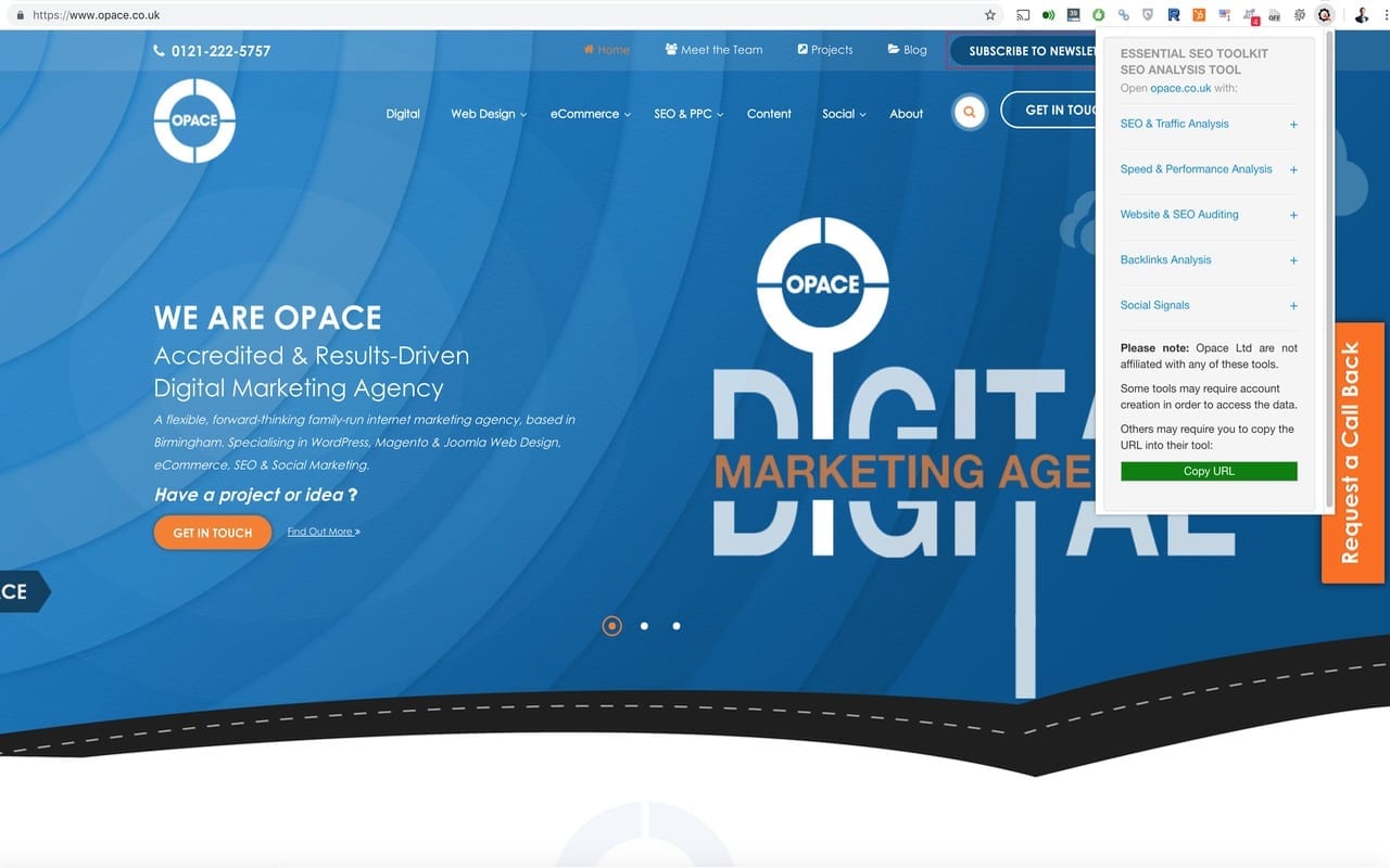 Opace Essential SEO Toolkit (SEO Analysis Tool) Chrome Extension popup