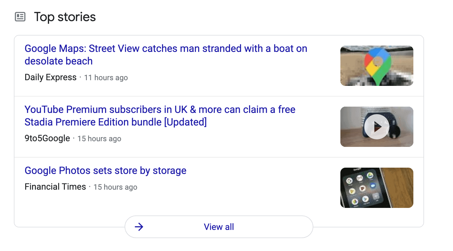 SERP Feature – news and top stories
