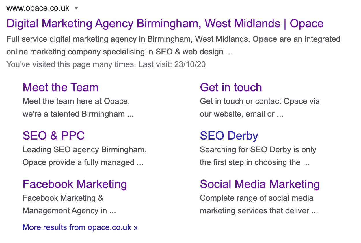 SERP feature – sitelinks or sub pages