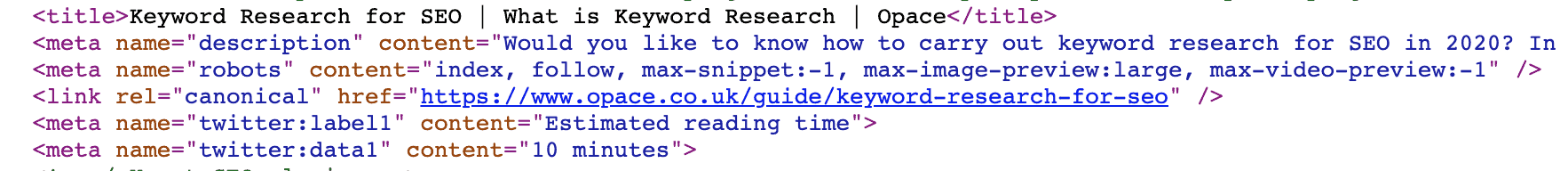 example showing SEO meta tags