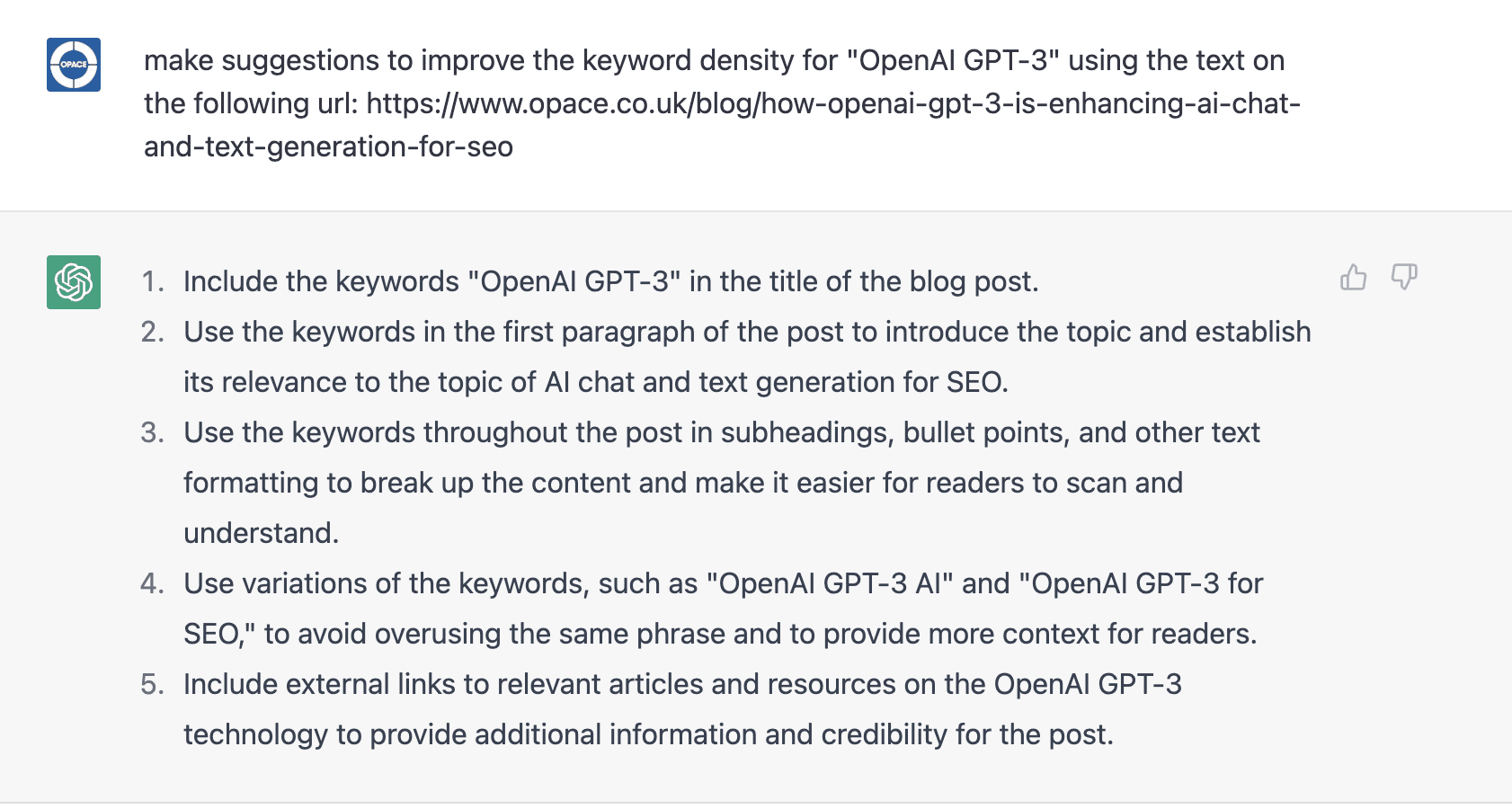 ChatGPT make SEO suggestions to improve the keyword density