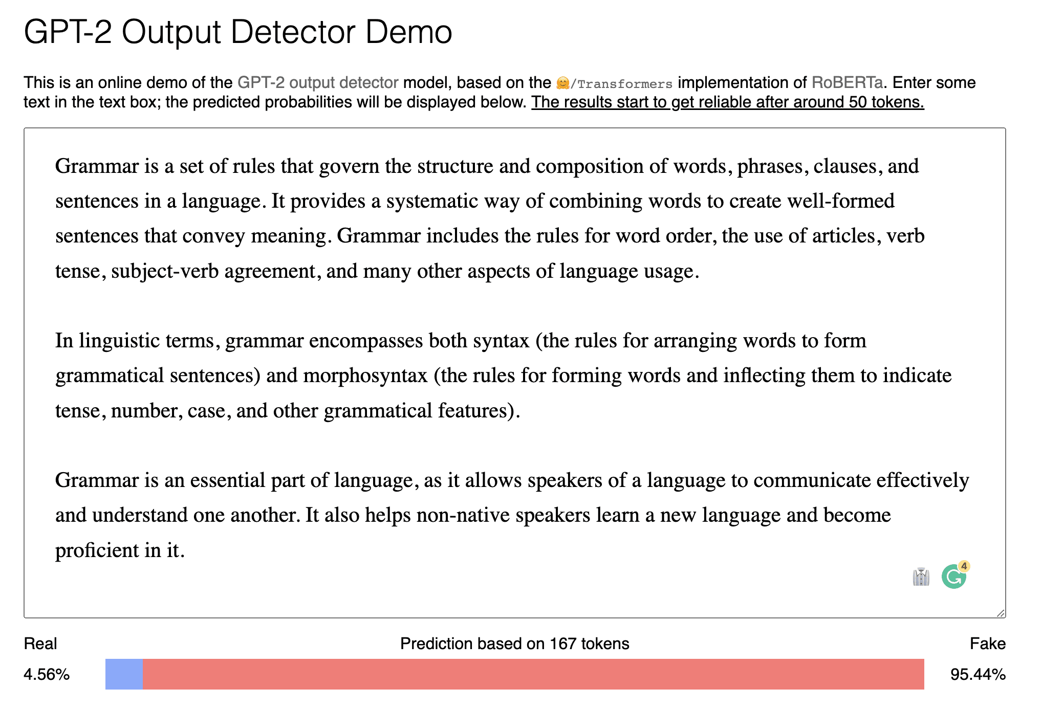 ChatGPT text is fake according to GPT-2 Detector