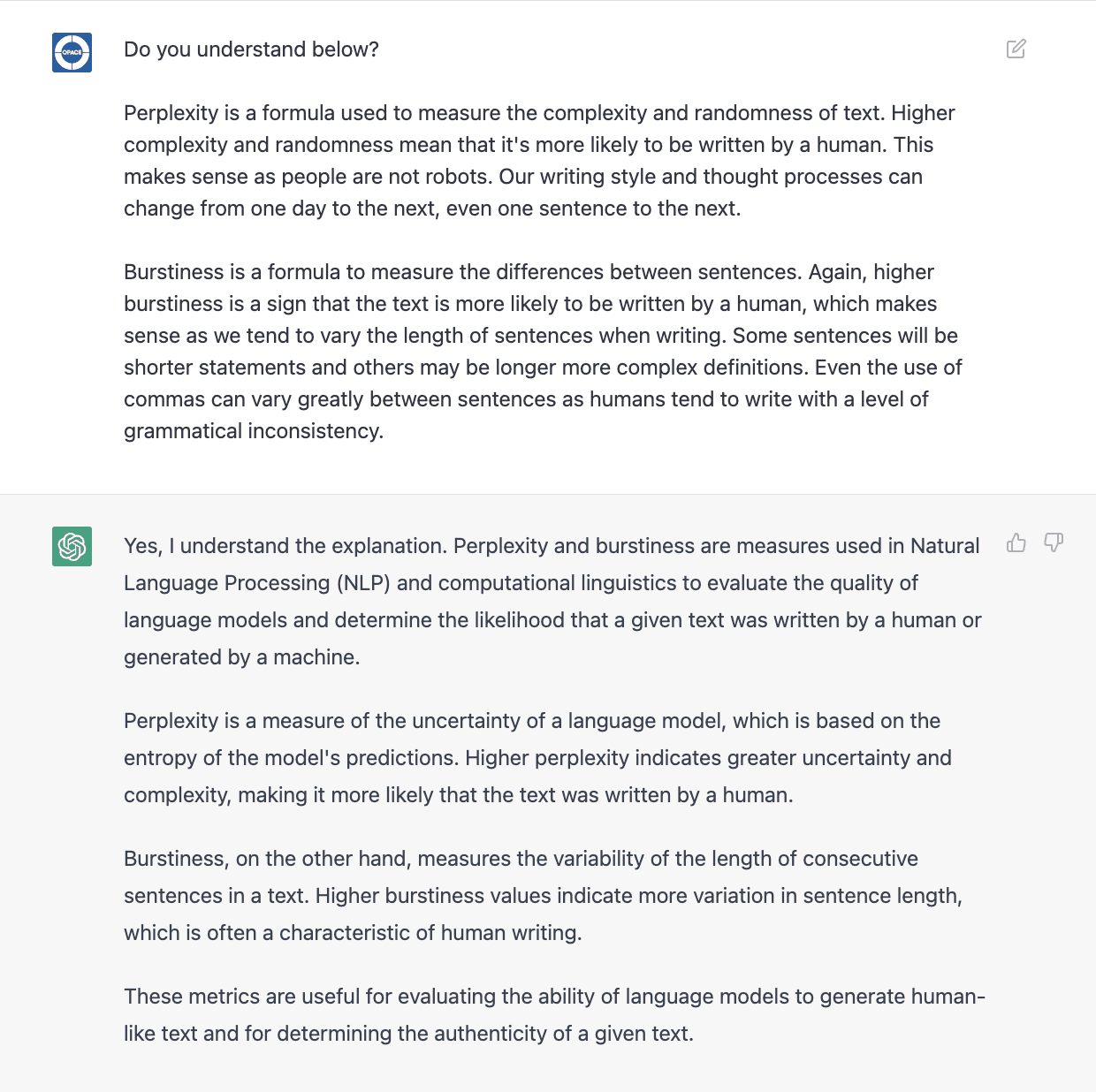 Does ChatGPT understand perplexity and burstiness