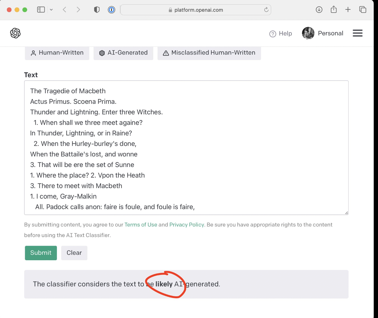 OpenAI text Classifier says Macbeth is AI generated