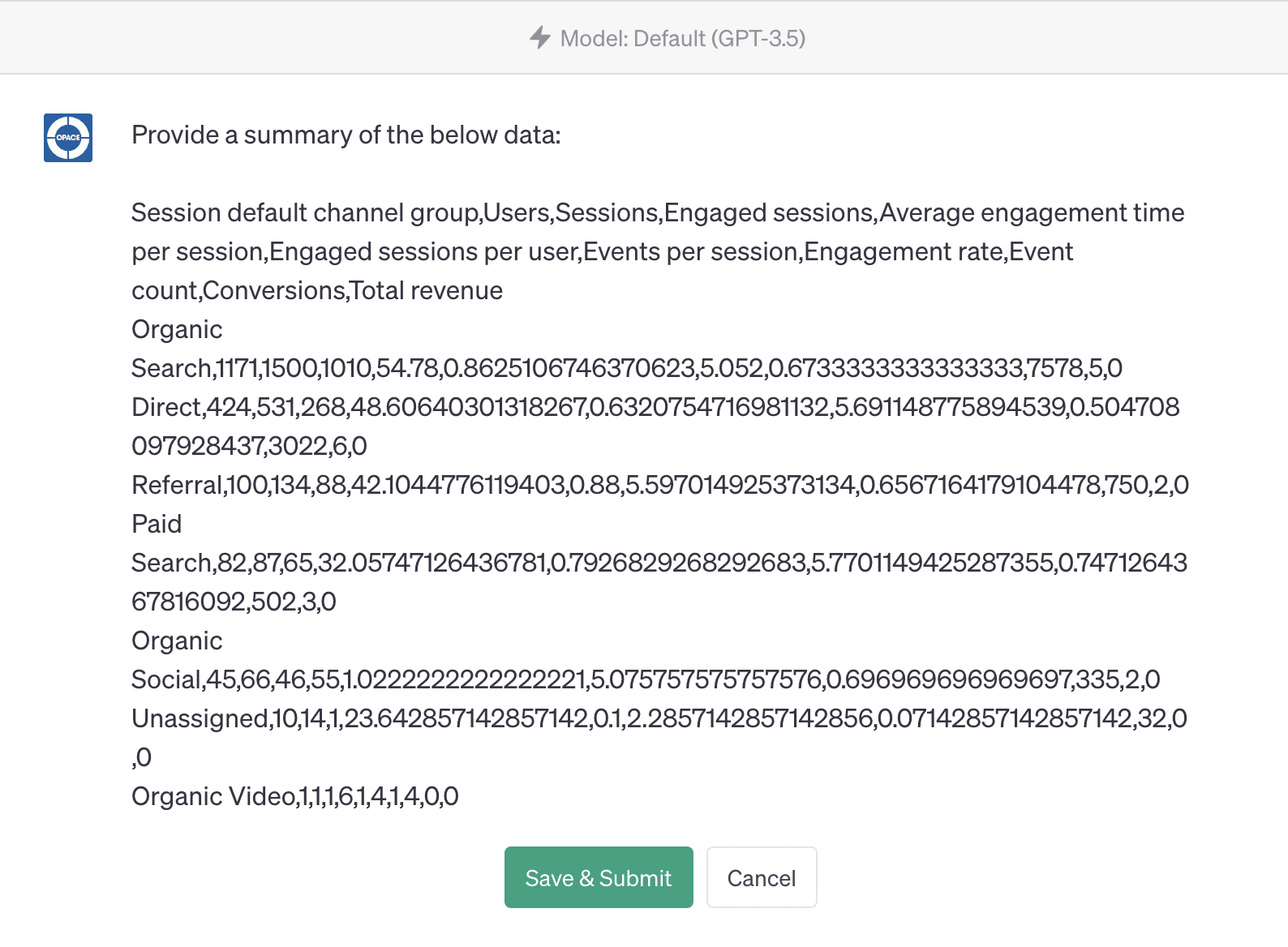 Copy your Google Analytics CSV data into ChatGPT
