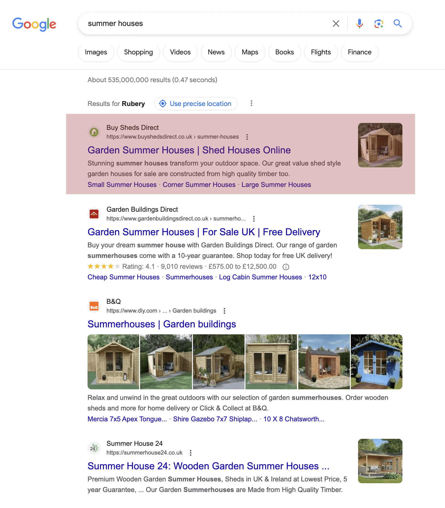 SEO audit results showing Google Page 1 ranking achieved for summer houses search term