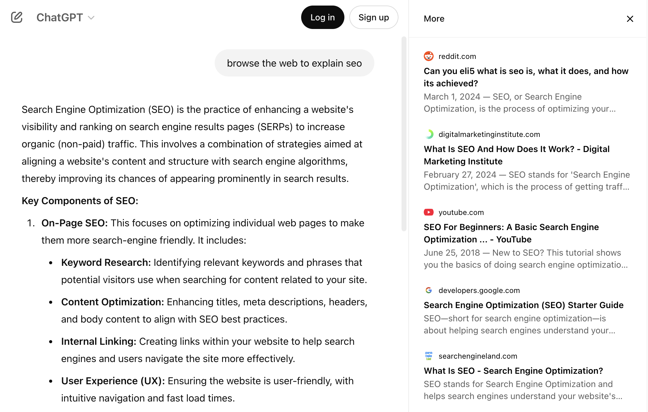 AI chatbot results using web search